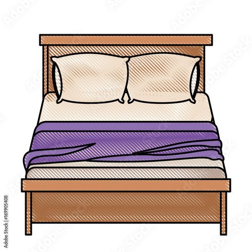 bed wooden with blanket and pair pillows in color crayon silhouette on white background