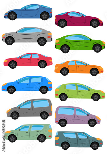 Set of different car types. Multicolored Cars Collection. Isolated vector illustration. 