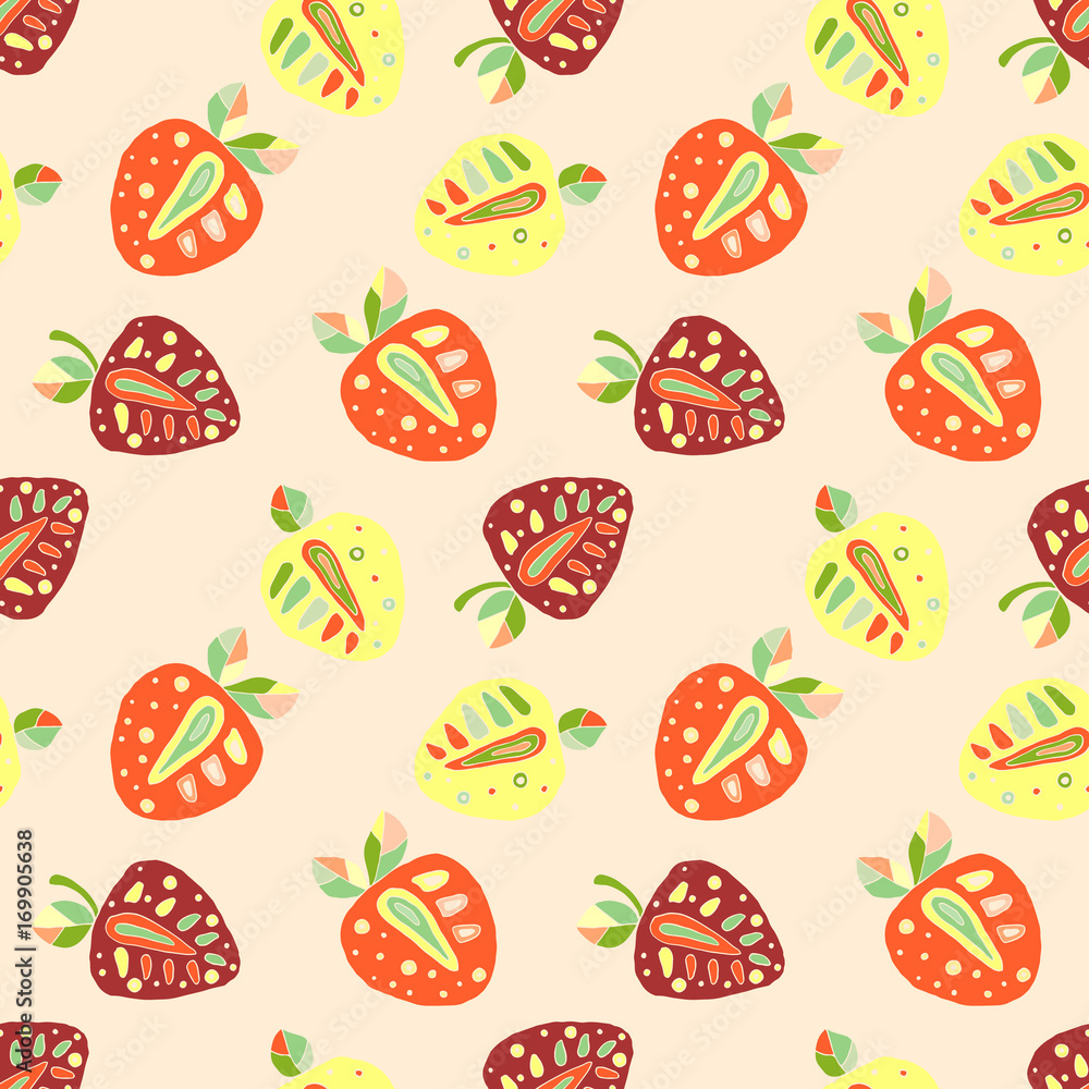 Seamless vector hand drawn childish pattern, border, with fruits. Cute chaildlike strawberries with leaves, seeds, drops. Doodle, sketch, cartoon style background. Endless repeat swatch Seamless vector hand drawn childish pattern, border, with fruits. Cute chaildlike strawberries with leaves, seeds, drops. Doodle, sketch, cartoon style background. Endless repeat swatch