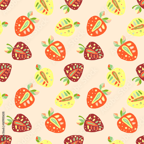 Fototapeta Naklejka Na Ścianę i Meble -  Seamless vector hand drawn childish pattern, border, with fruits. Cute chaildlike strawberries with leaves, seeds, drops. Doodle, sketch, cartoon style background. Endless repeat swatch