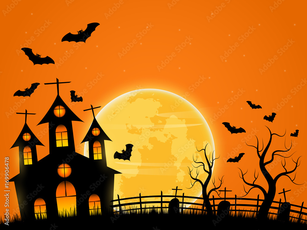 Vector Halloween spooky night background with castle and moon