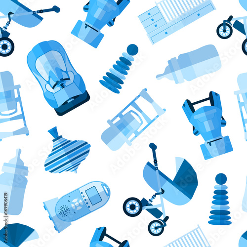 Seamless pattern background with blue flat products icons for a newborn. Objects for newborns. Pattern of  baby stuff on white bacground