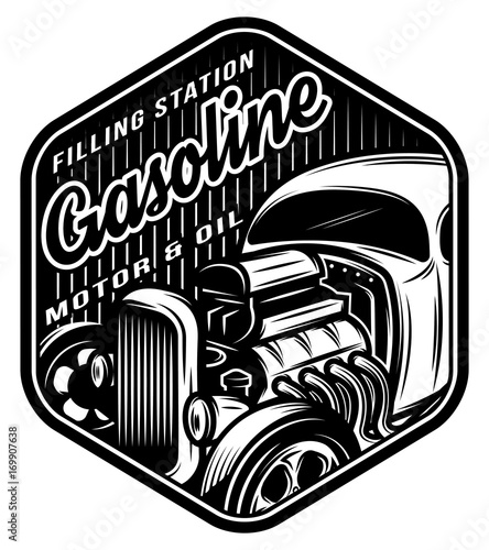 Vector monochrome template for a filling station with vintage car