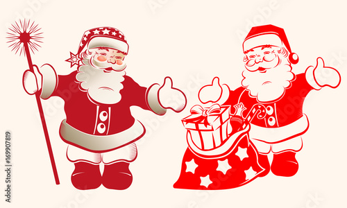 drawing of Santa claus with staff and gifts, set