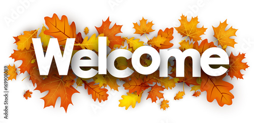 Welcome banner with orange leaves.