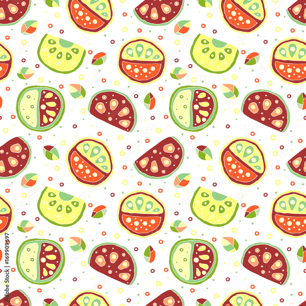 Seamless vector hand drawn childish pattern, border, with fruits. Cute childlike watermelon with leaves, seeds, drops. Doodle, sketch, cartoon style background. Endless repeat swatch
