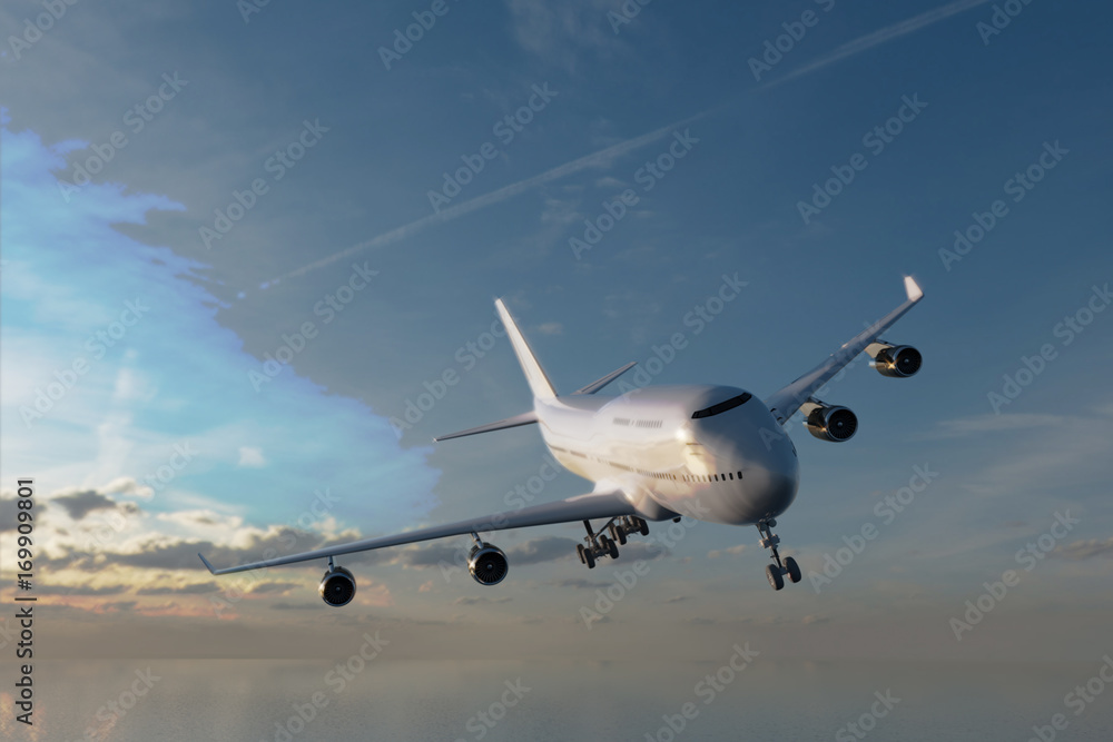 Landeanflug bei bewölktem Himmel. Reiseflugzeug über dem Wasser im Landeanflug. Im Hintergrund bewölkter Himmel mit Sonneneinstrahlung. Erstellt in 3D