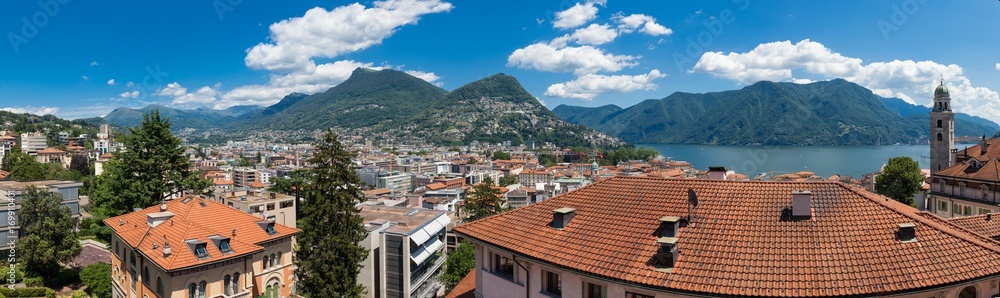 Landscape of Lugano from the city, summer