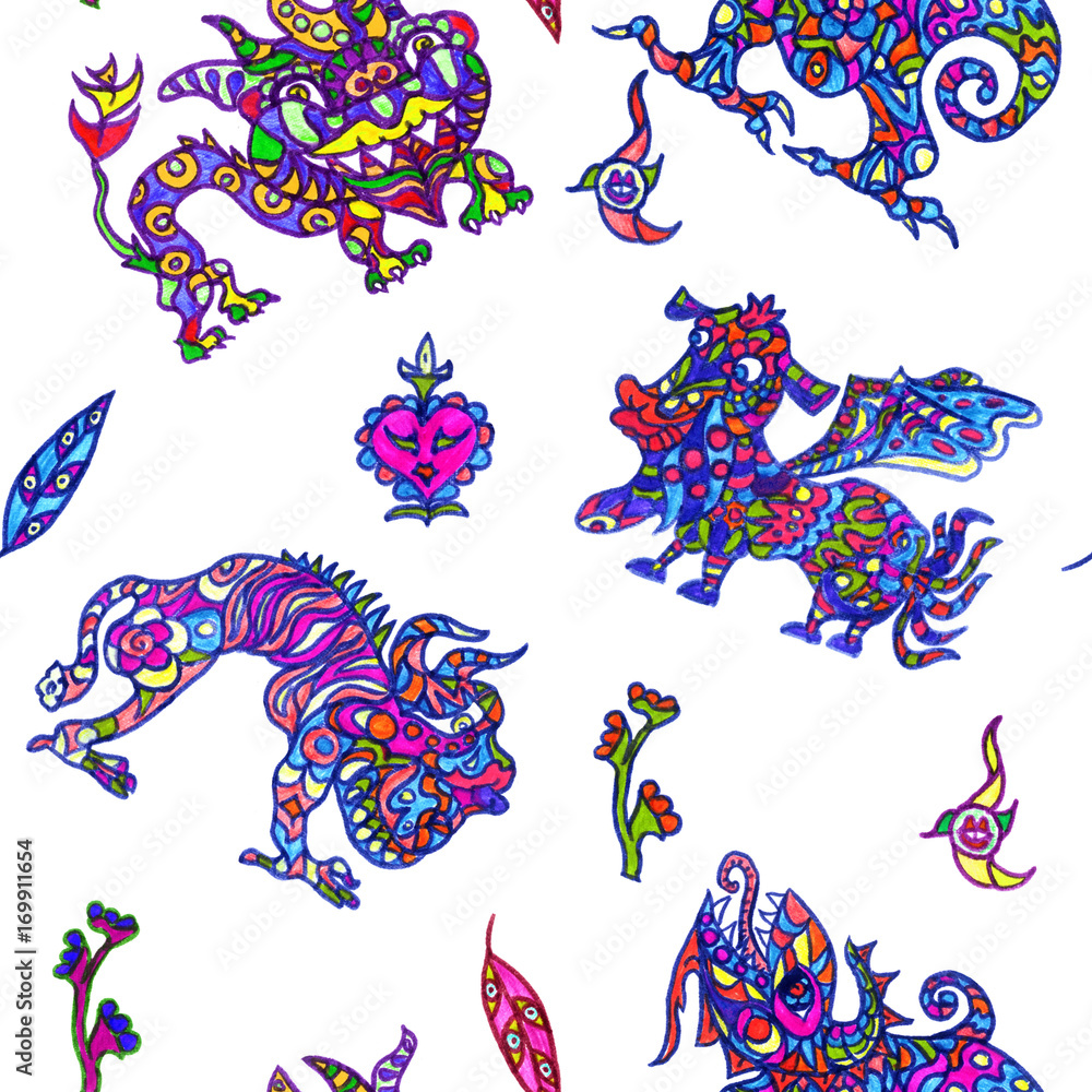 Obraz premium Ethnic ornament mythical monsters seamless pattern design inspired by fusion of Ukrainian, Indian and Mexican traditional motifs, felt-tip pens doodle drawing on white background