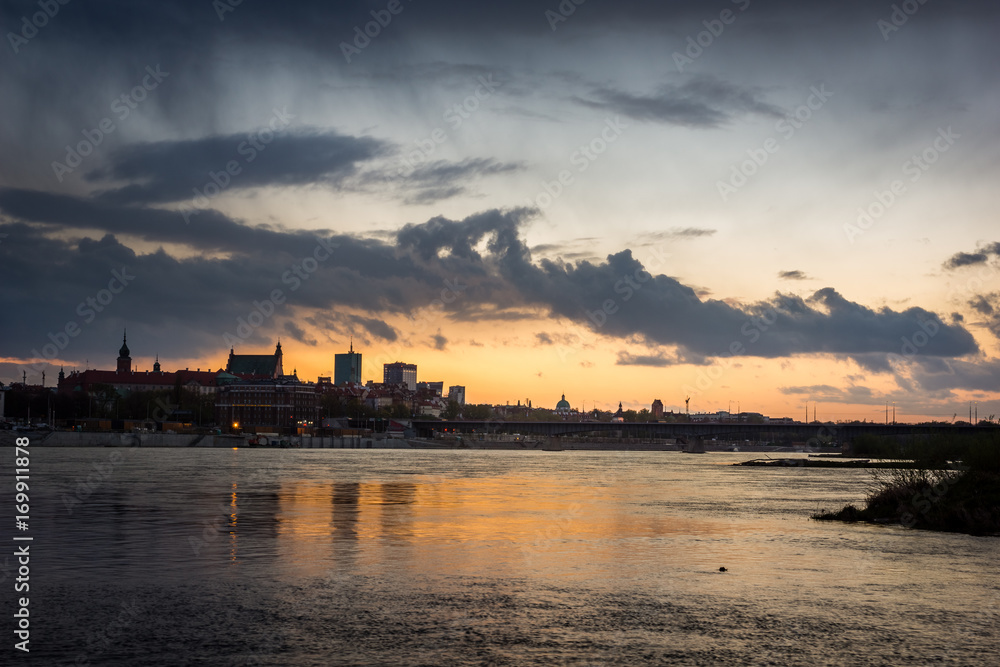 Sunset over the Vistula river in Warsaw city, Poland
