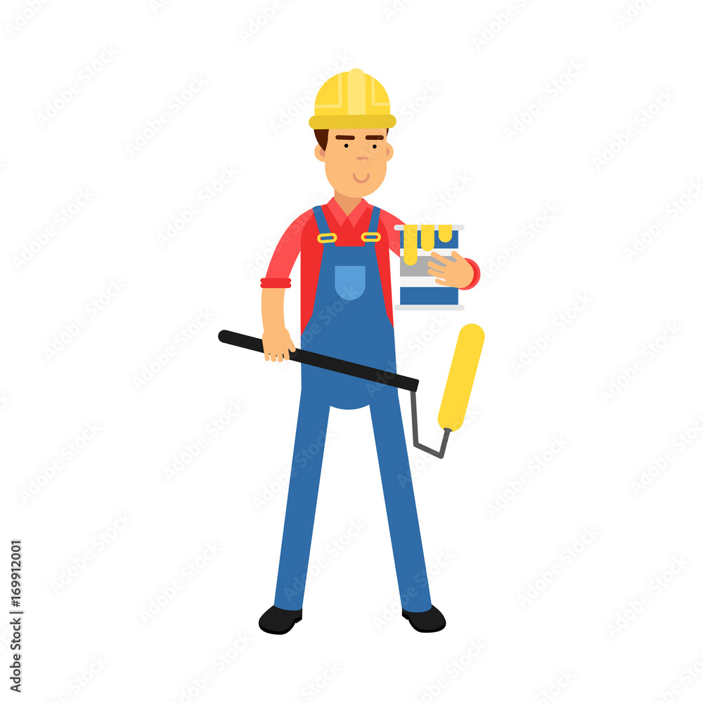 Male worker character with paint roller and bucket of paint cartoon vector Illustration Male worker character with paint roller and bucket of paint cartoon vector Illustration