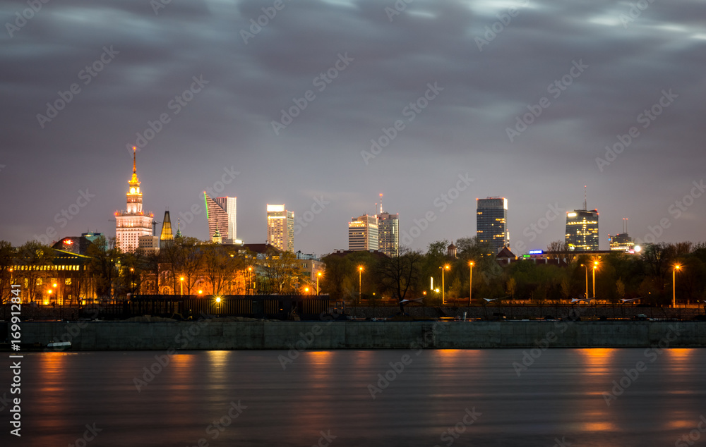 Night view on Warsaw city, Poland