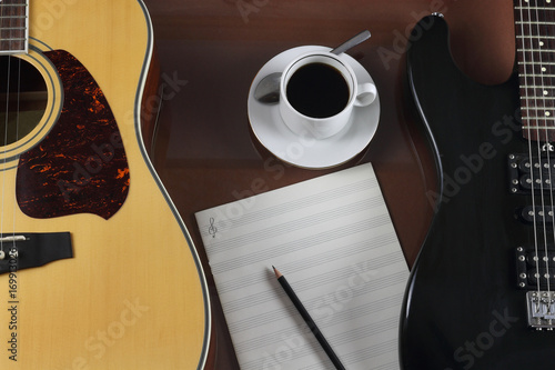 Cup of coffee against the background of guitars and a musical leaf photo