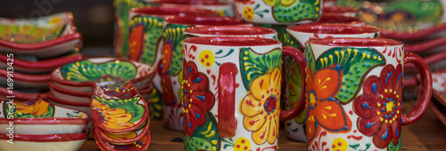 Pottery cups, bug, jugs at market in Barcelona
