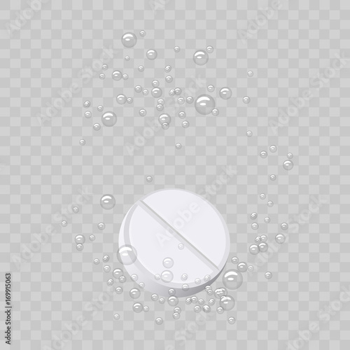 Effervescent tablet, pill with bubbles isolated on transparent