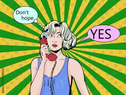 Pop art vintage comic. Girl talking on the phone. Retro style. Bubble for text. Technology and communication