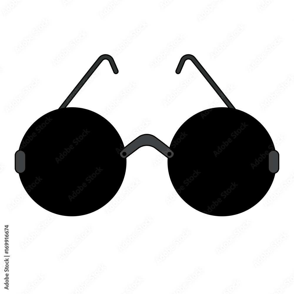 Black round glasses for the blind on white background. Glasses with black lenses with temples, frame and design. Isolated vector illustration icon in flat style. Stock Vector