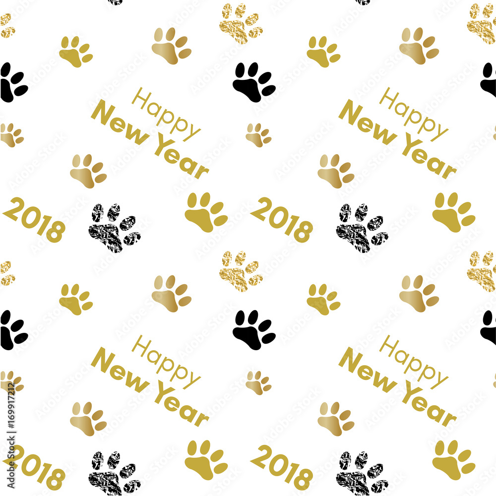 2018 chinese new year of yellow dog seamless pattern with golden vector paw track, glitter, foil texture, template for calendar, poster, banner, greeting card