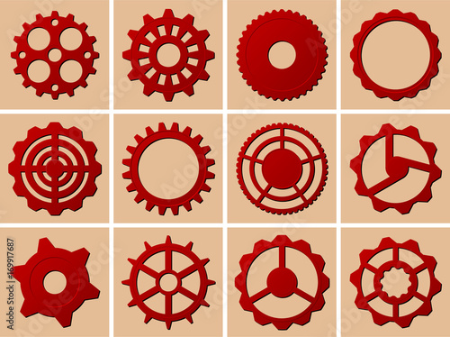 Set of different gear wheels icons in red color.