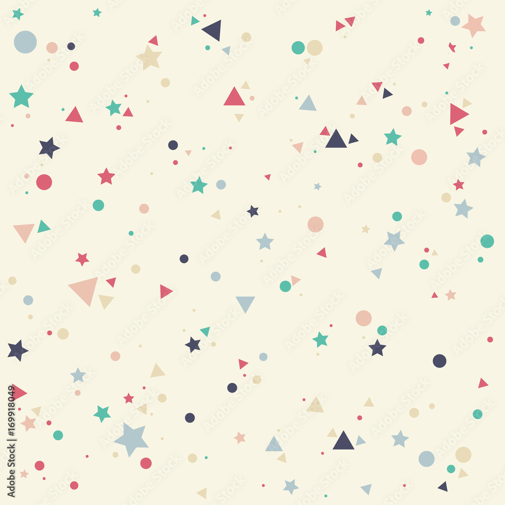 Fototapeta premium Abstract pattern with pastels colorful blue, gray, pink, orange small circles, stars and triangles on yellow background. Infinity geometric. Vector