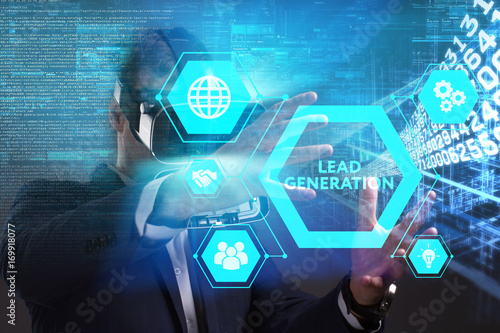 Business, Technology, Internet and network concept. Young businessman working in virtual reality glasses sees the inscription: Lead generation