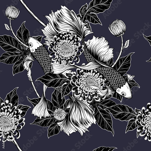 Koi fish and chrysanthemum pattern by hand drawing.Tattoo art highly detailed in line art style.Fish and flower seamless pattern on batik cloth.