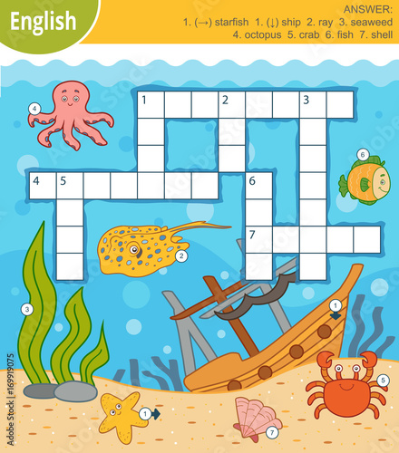 Vector colorful crossword in English about the underwater world and sea animals