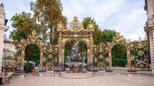 Details of the city square in Nancy with its golden fence and fountains