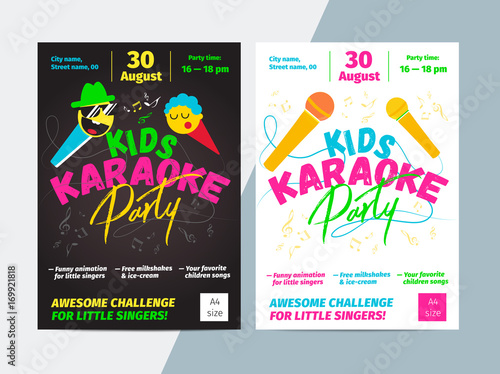 Kids karaoke party flyer with microphone and bright typography. Children music or song contest poster layout template design.