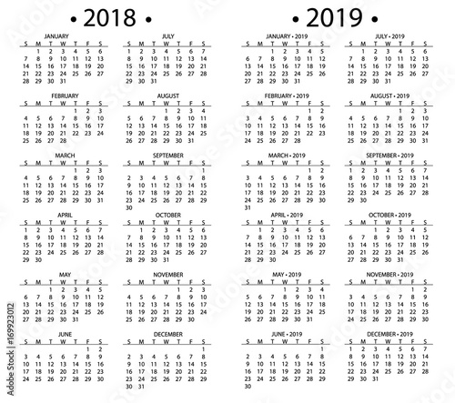 Simple calendar for 2018 and 2019, 2020 years template date day design month business organizer planner vector illustration.