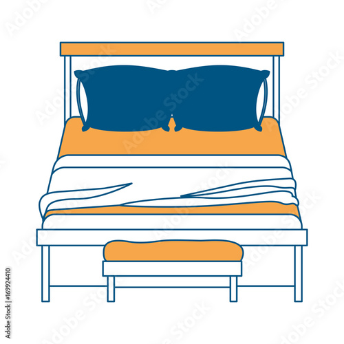 bed wooden with blanket and pair pillows with chair color section silhouette on white background