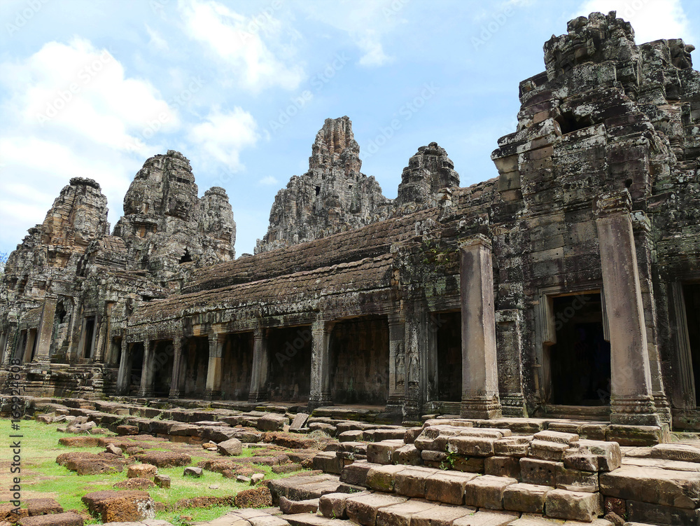 Ancient Bayon temple Angkor Thom the most popular tourist attraction in Siem reap Cambodia.