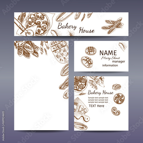 Corporate style - bakery. Vector background sketch - bread, loaf, baguette, focaccia, pizza. Italian bakery house with fresh pastry