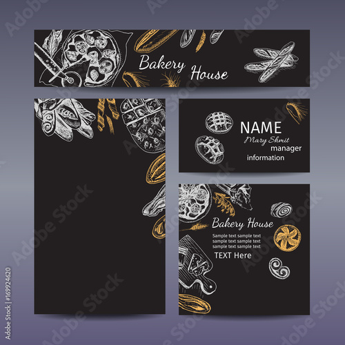 Corporate style - bakery. Vector background sketch - bread, loaf, baguette, focaccia, pizza. Italian bakery house with fresh pastry