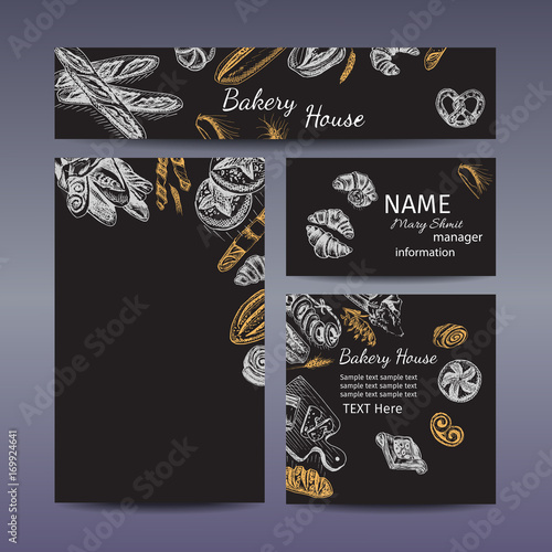 Corporate style - bakery. Vector background sketch - loaf, baguette, bread, croissant, buns, puffs