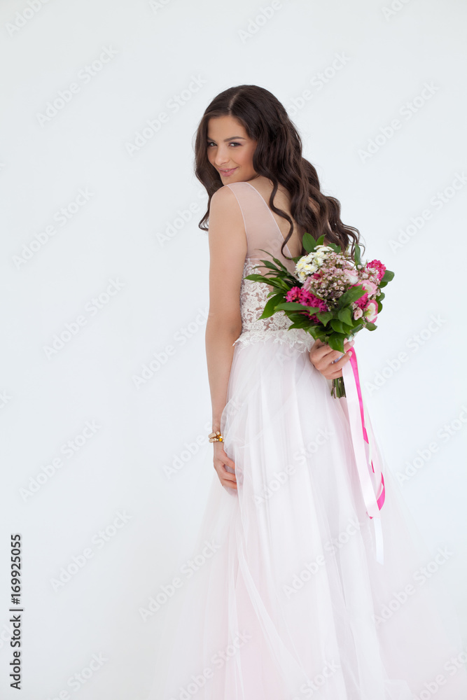 Beautiful Bride Woman Fashion Model with Colorful Flower Arrangement Beautiful Bride Woman Fashion Model with Colorful Flower Arrangement