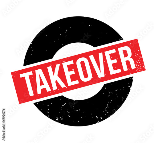 Takeover rubber stamp. Grunge design with dust scratches. Effects can be easily removed for a clean, crisp look. Color is easily changed.