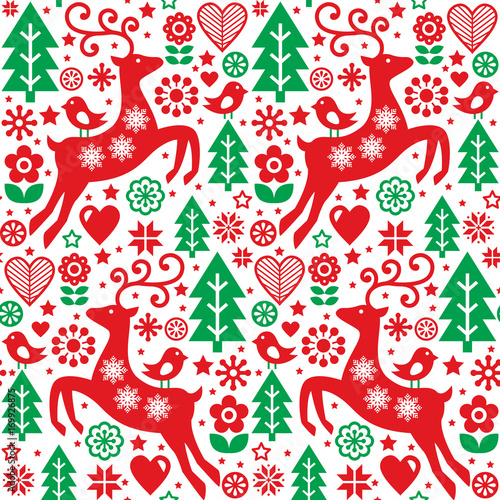 Christmas folk red and green seamless vector pattern, Scandinavian folk art, reindeer, birds and flowers decoration, wallpaper
