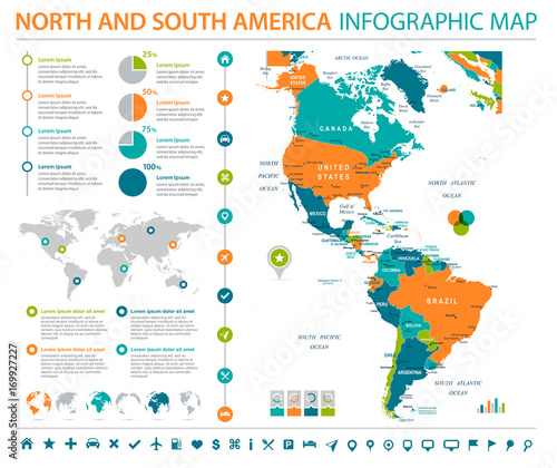 North and South America Map - Info Graphic Vector Illustration Stock