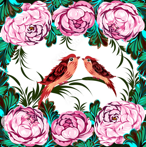 A pair of birds sitting in a thicket of peony flowers