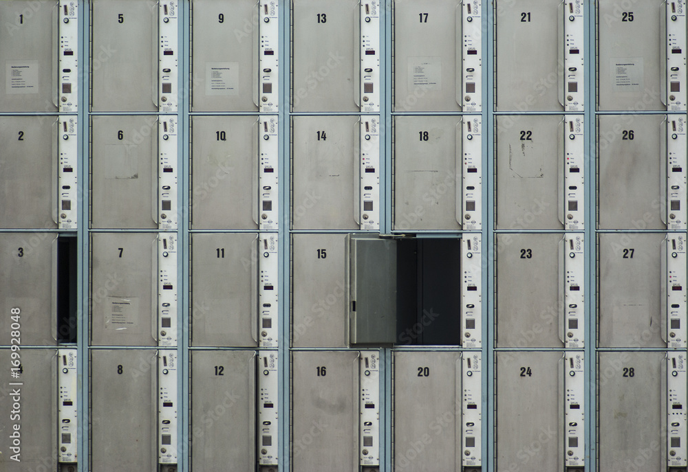 Lockers at a station, one is open