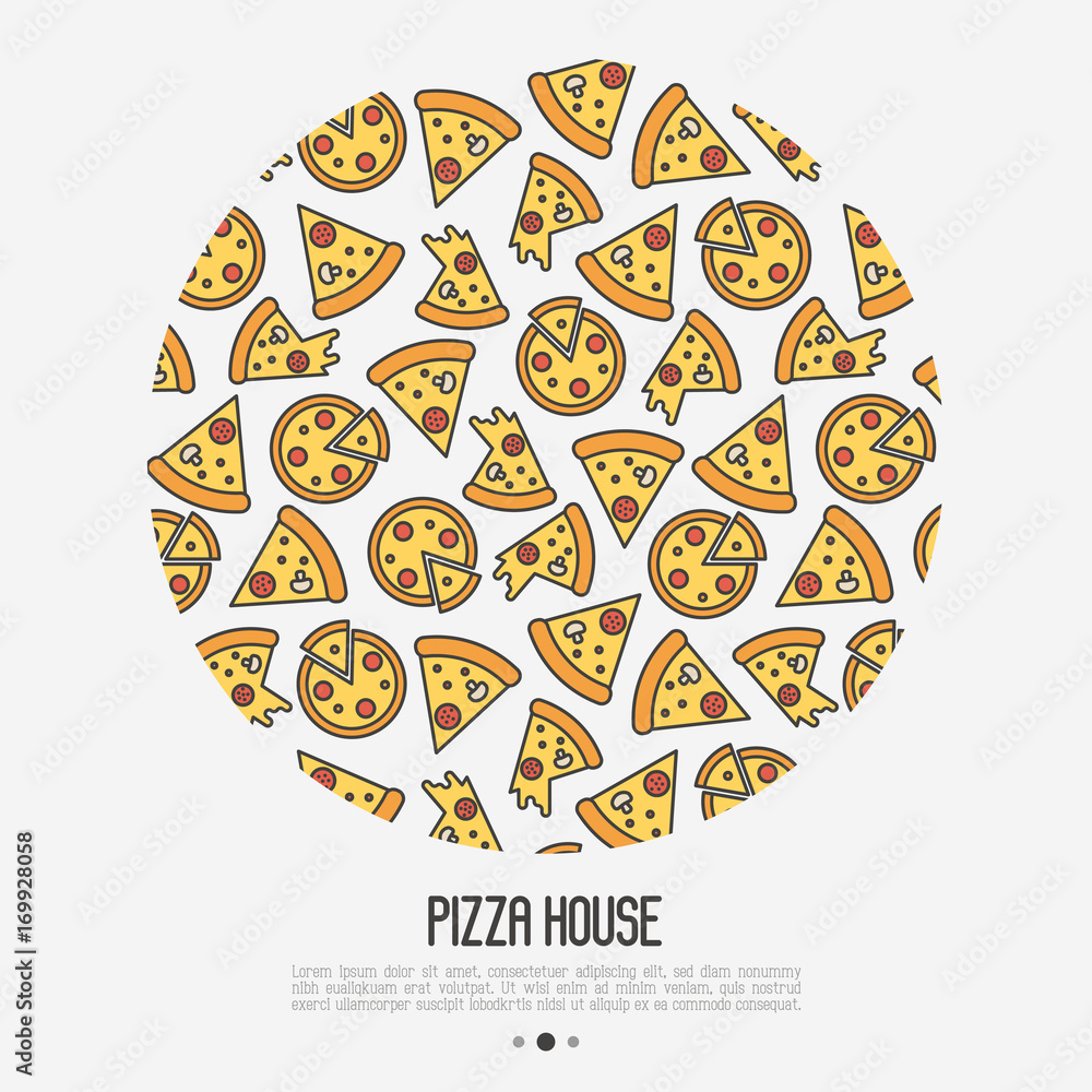 Pizza concept in circle with thin line icons. Vector illustration for flyer, banner or menu of restaurant. Pizza concept in circle with thin line icons. Vector illustration for flyer, banner or menu of restaurant.