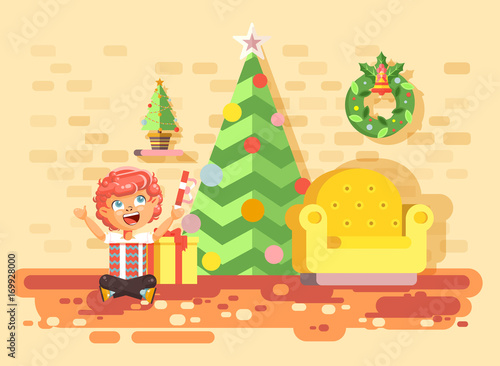 Vector illustration cartoon character child redhead boy sit under Christmas tree, unwrap gifts in home interior room happy New Year and Christmas celebrate party flat style element motion design