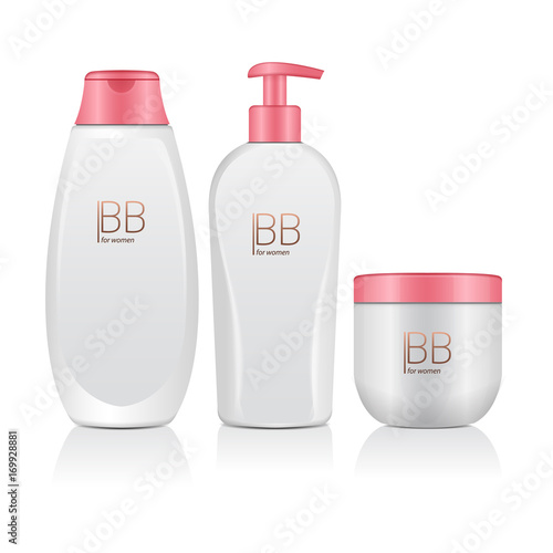 Set Of Realistic Cosmetic Bottles. Tube, Container For Cream, Bottle With Dispencer. Vector Mock Up Template