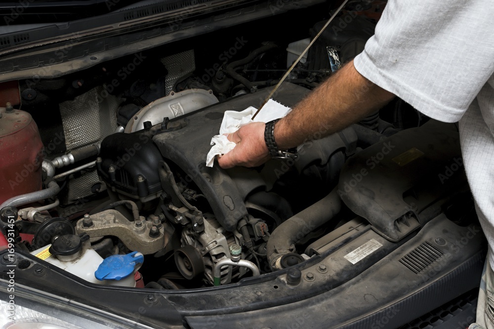 The mechanic fixes the vehicle's engine The mechanic fixes the vehicle's engine