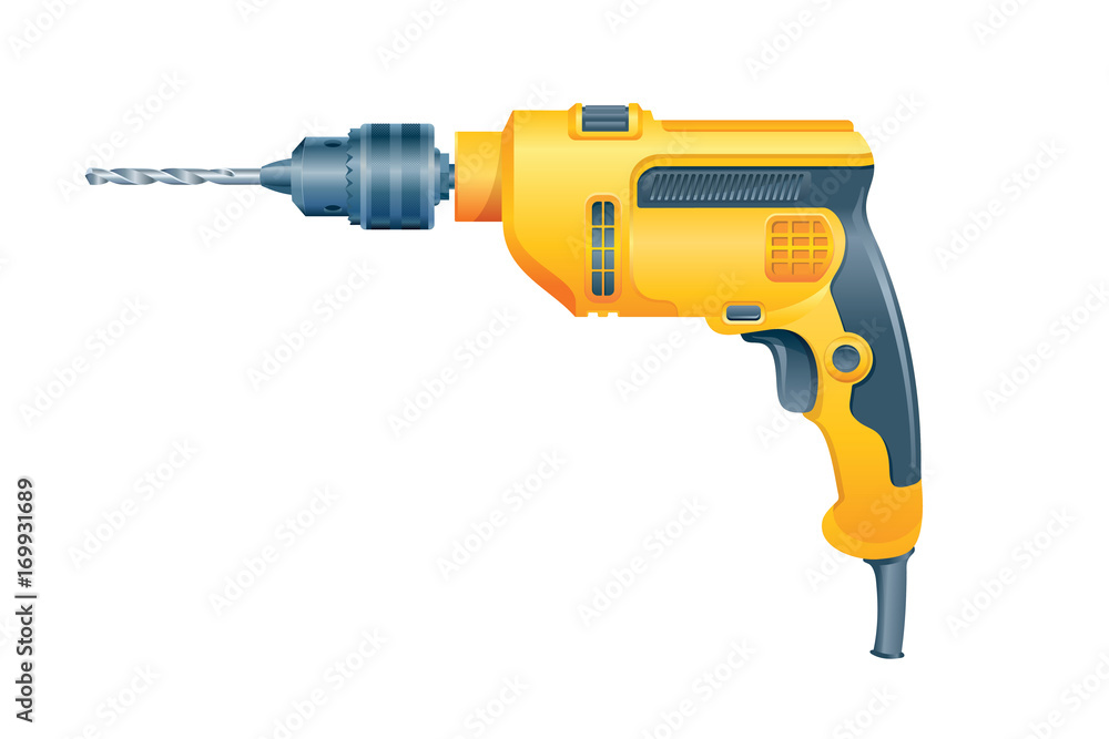 Manual electric drill on white background. Vector illustration