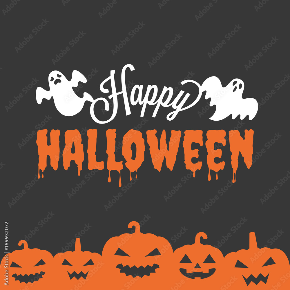 happy Halloween headline with ghost and jack o lantern in silhouette design, for poster or banner