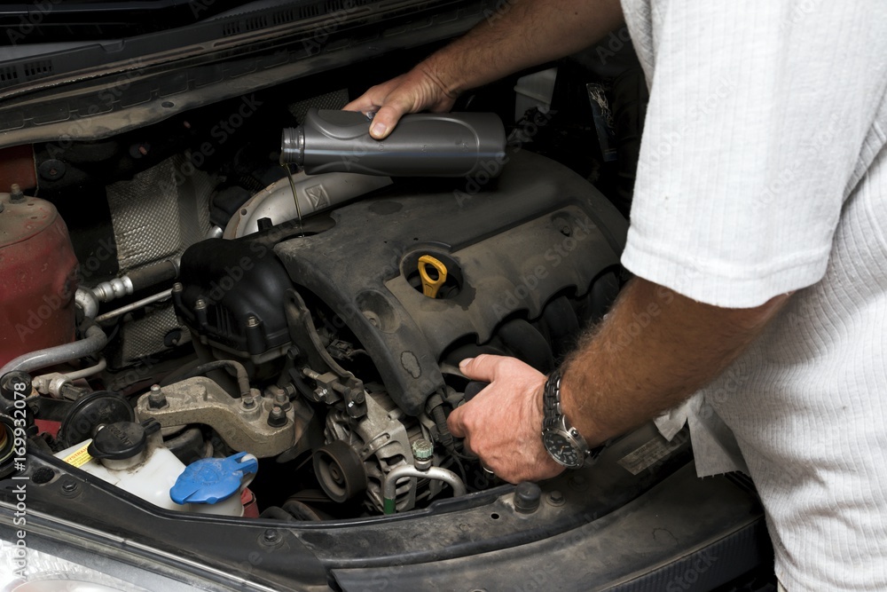 The mechanic fixes the vehicle's engine The mechanic fixes the vehicle's engine