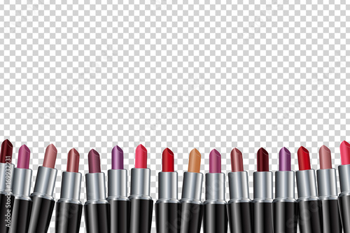 Vector set of realistic isolated color lipsticks on the transparent background. Concept of cosmetics, beauty and fashion.