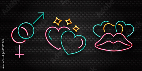 Vector set of realistic isolated neon erotic signs for decoration on the wall background.